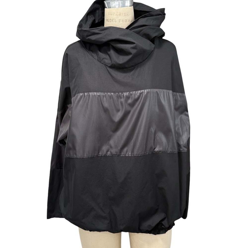 Burcu Aslan Black Hooded Top Womens 12 Mixed Media Pullover Balloon Hem Size 44
